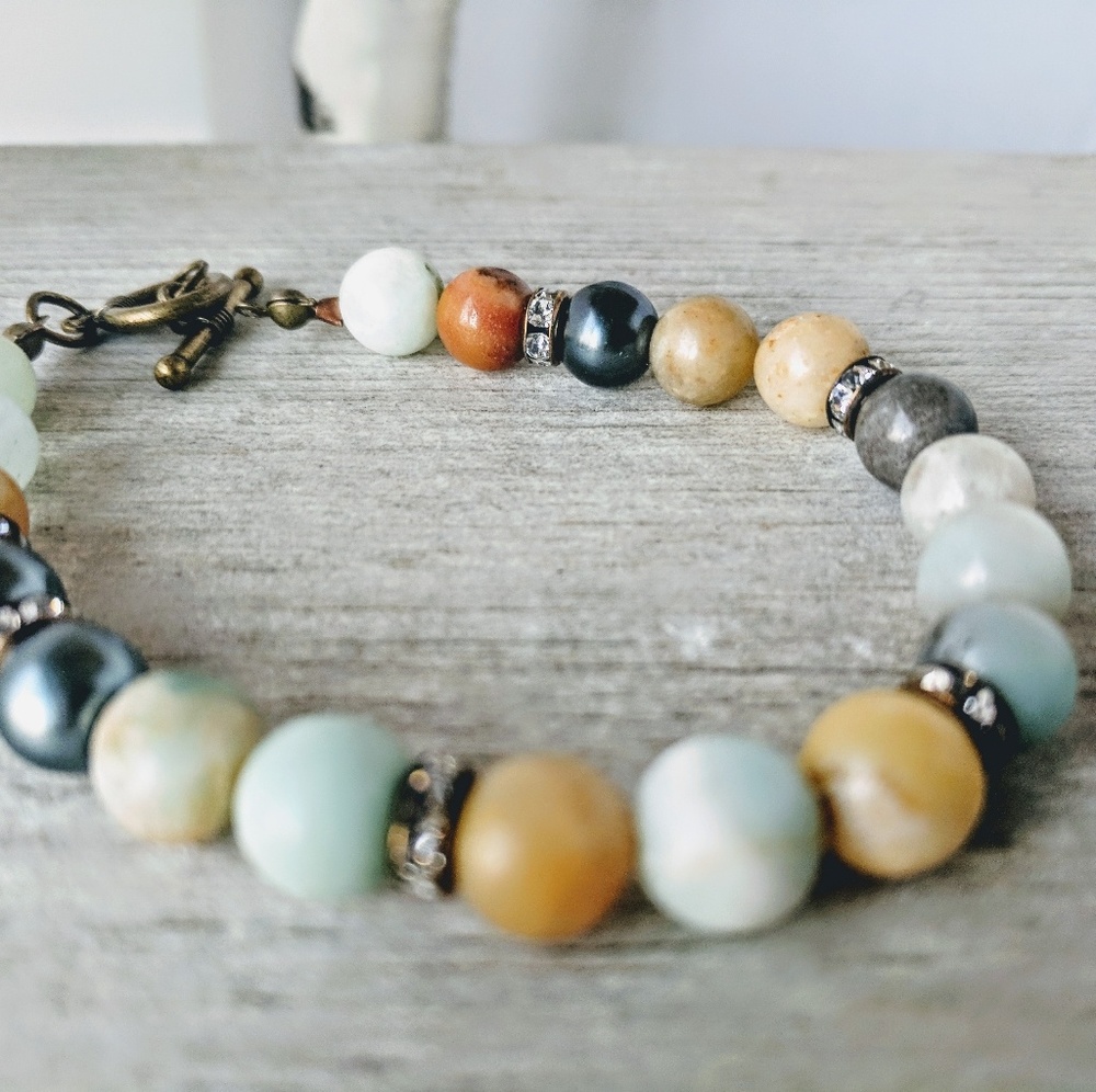 Amazonite Bead Bracelet, 7.5 ", antique Bronze